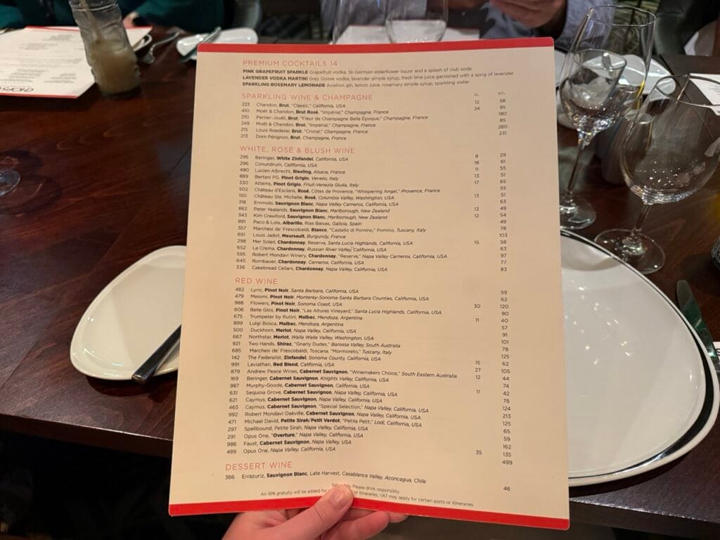 Drink menu at Chops Grille