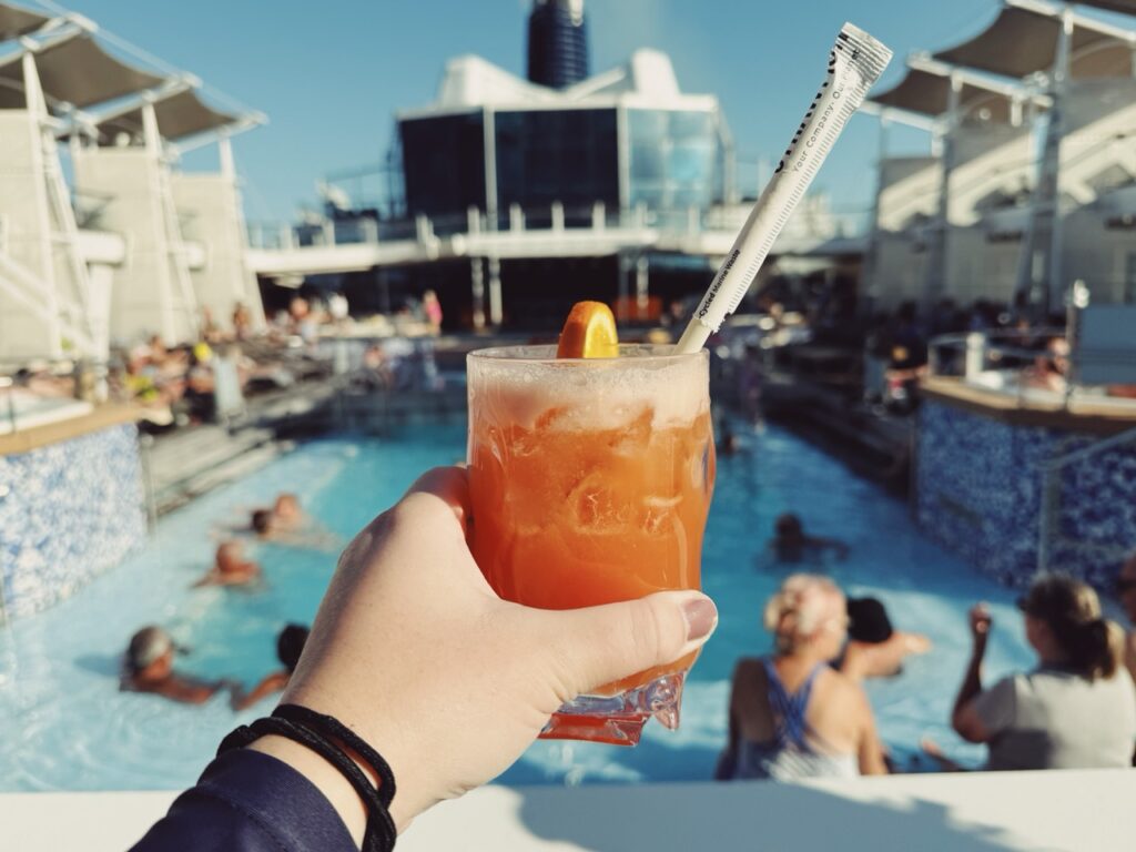 Fruity cocktail on the pool deck of a Celebrity cruise