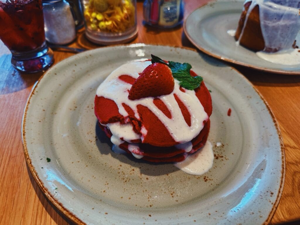 Red velvet pancakes at The Mason Jar on Utopia of the Seas