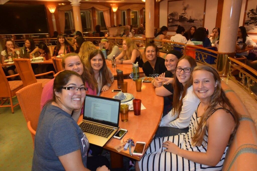 Group of friends in the dining room during Semester at Sea
