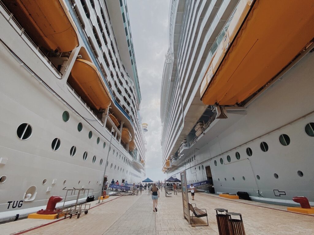 Two cruise ships docked in Cozumel, Mexico next to each other