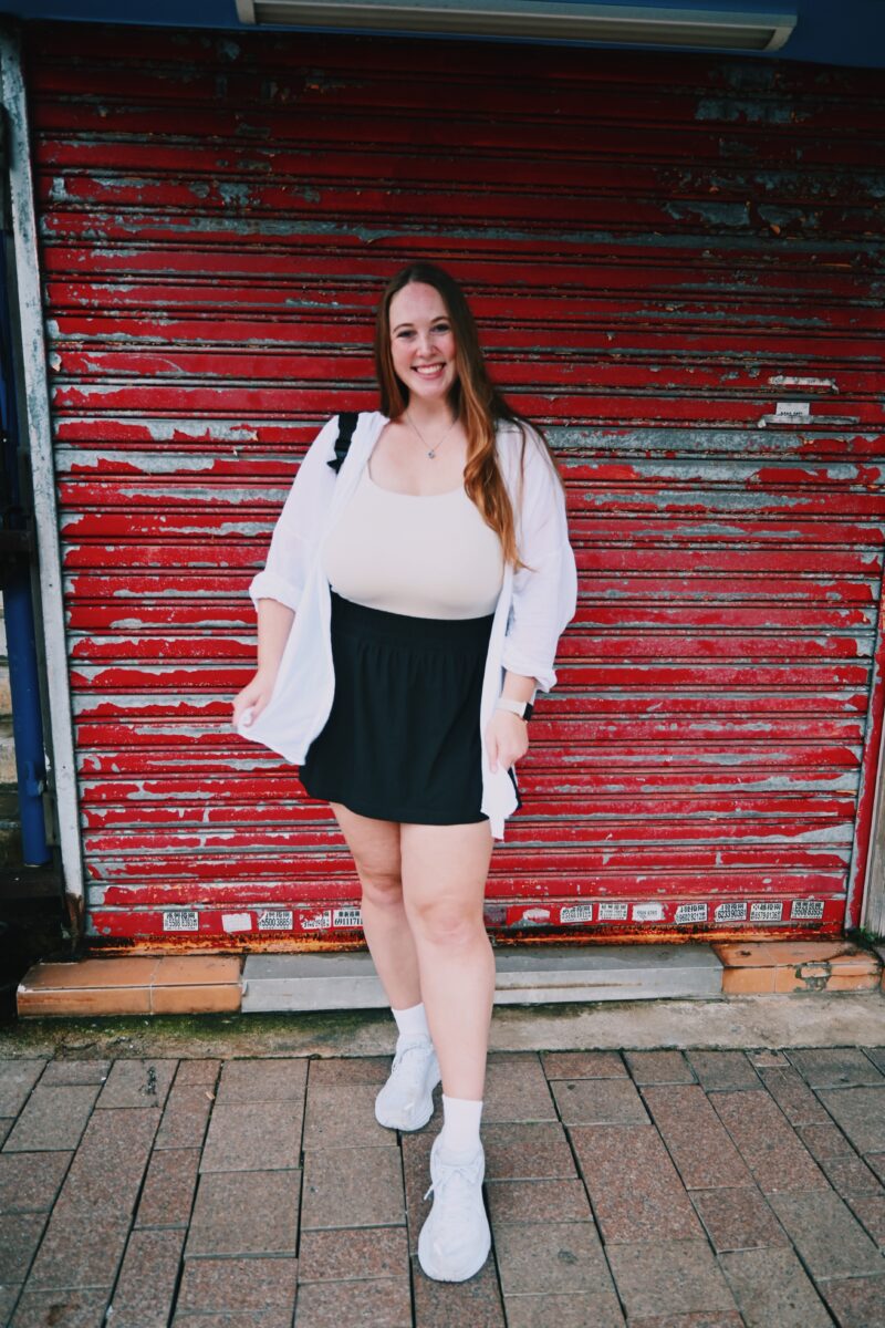 Athletic skort with sheer top and neutral tank top for Asia cruise outfit ideas
