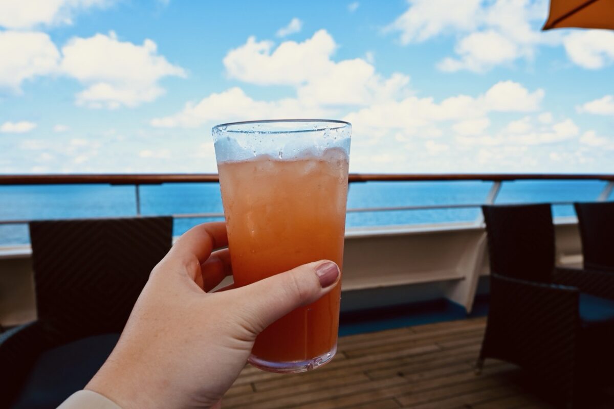 Fruity cocktail outside on the deck of a Carnival cruise ship
