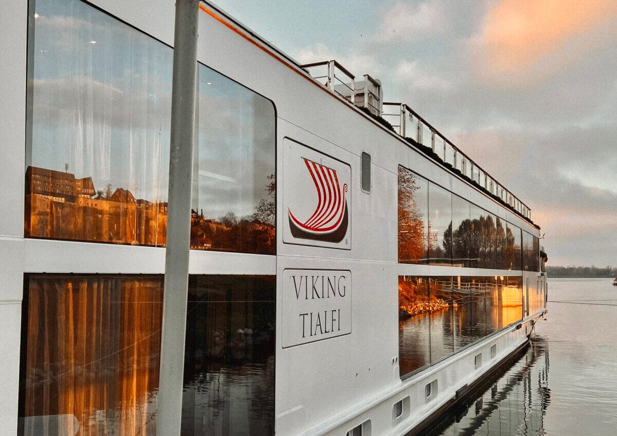 Viking Tialfi river cruise ship docked in Europe