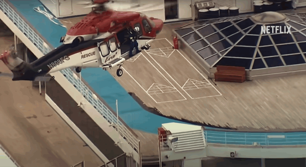 Helicopter flying over the poop cruise