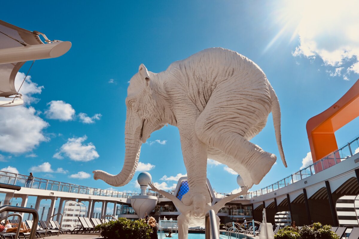 Pool deck sculpture of an elephant on Celebrity Beyond