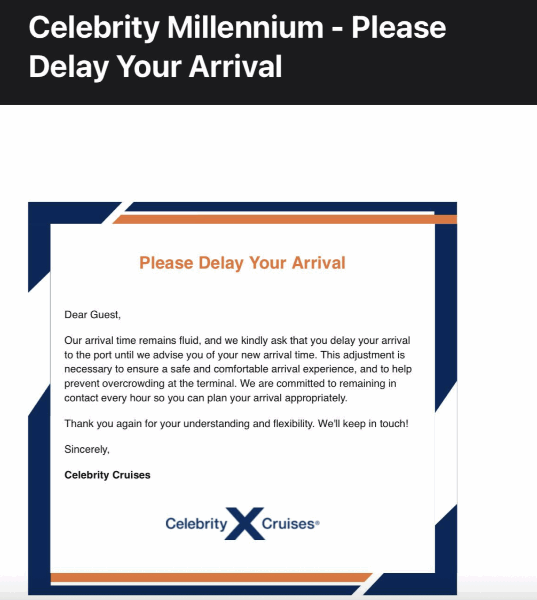 Celebrity Millennium Delayed Boarding Email