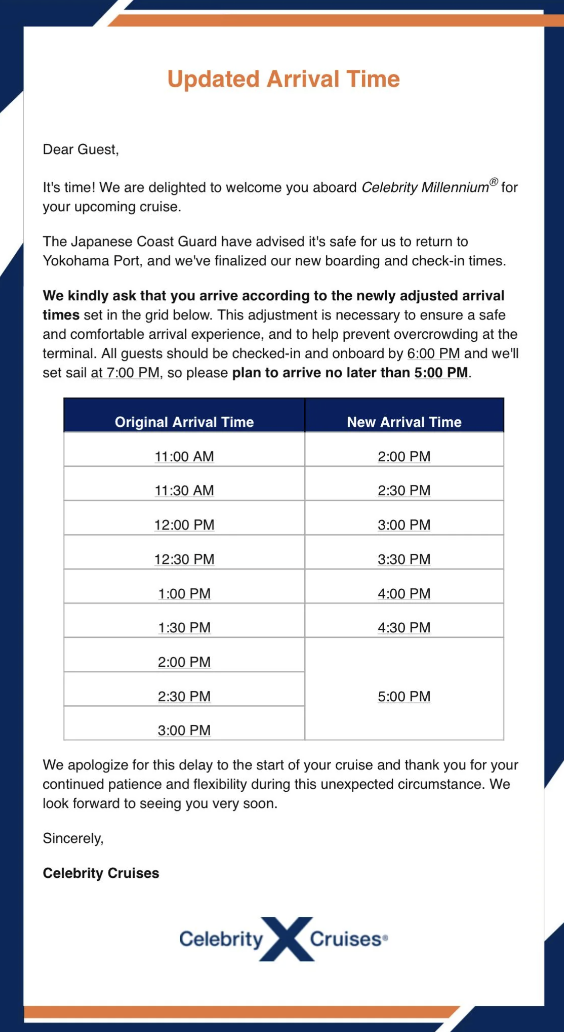 Celebrity Millennium Delayed Boarding Email
