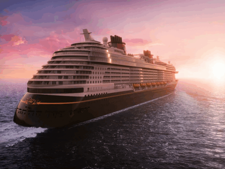Disney cruise ship at sea during sunset