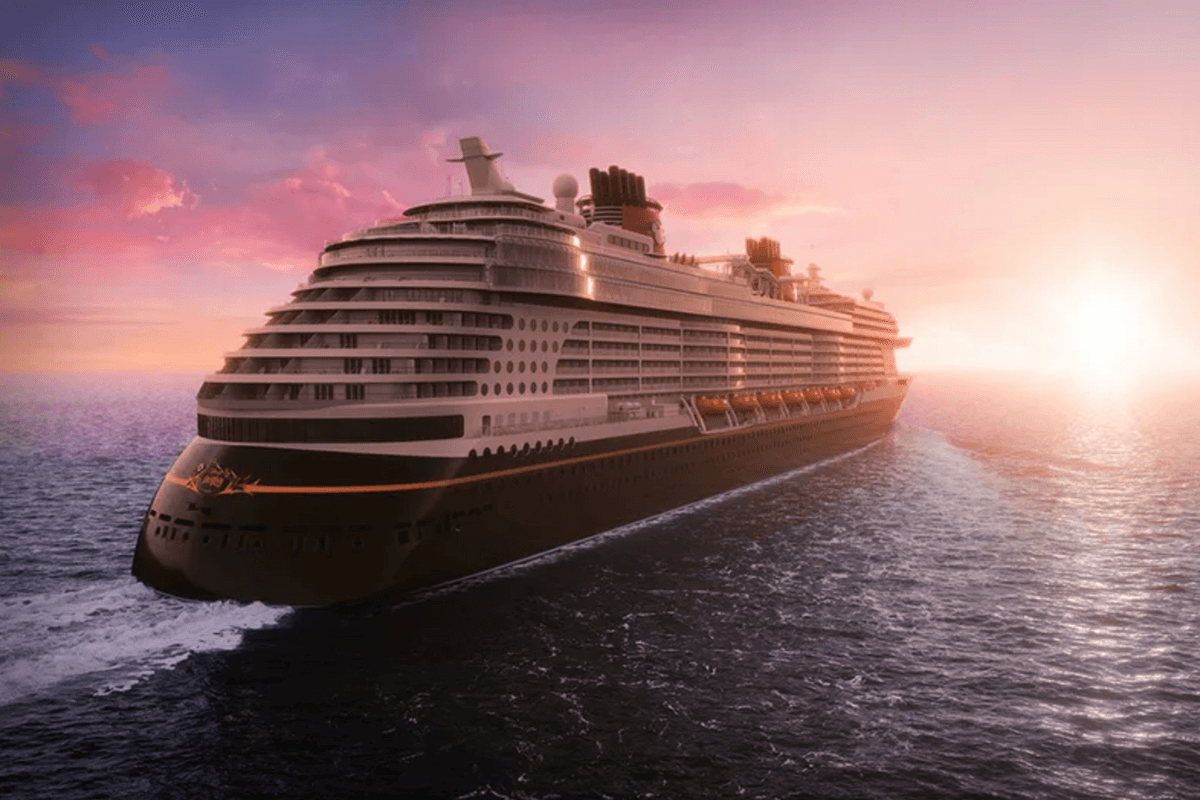 Disney cruise ship at sea during sunset