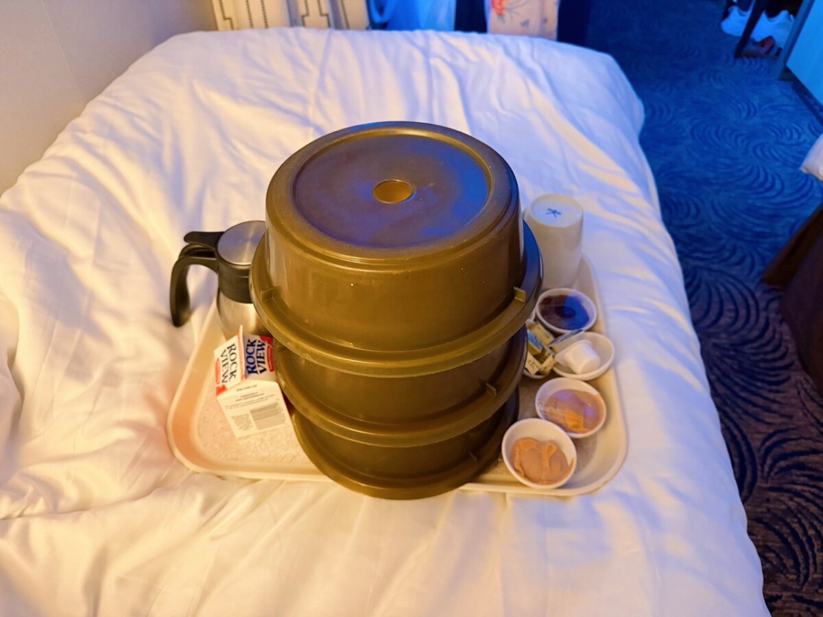 Room service is typically free for breakfast on a cruise