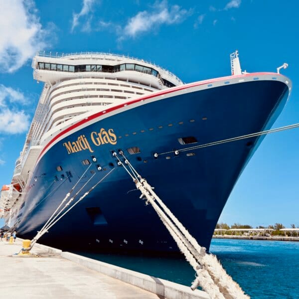 Mardi Gras cruise ship docked in Nassau