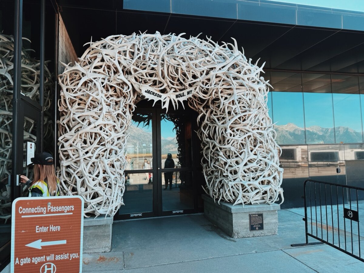 Entrance into the Jackson Hole Airport with an antler arch