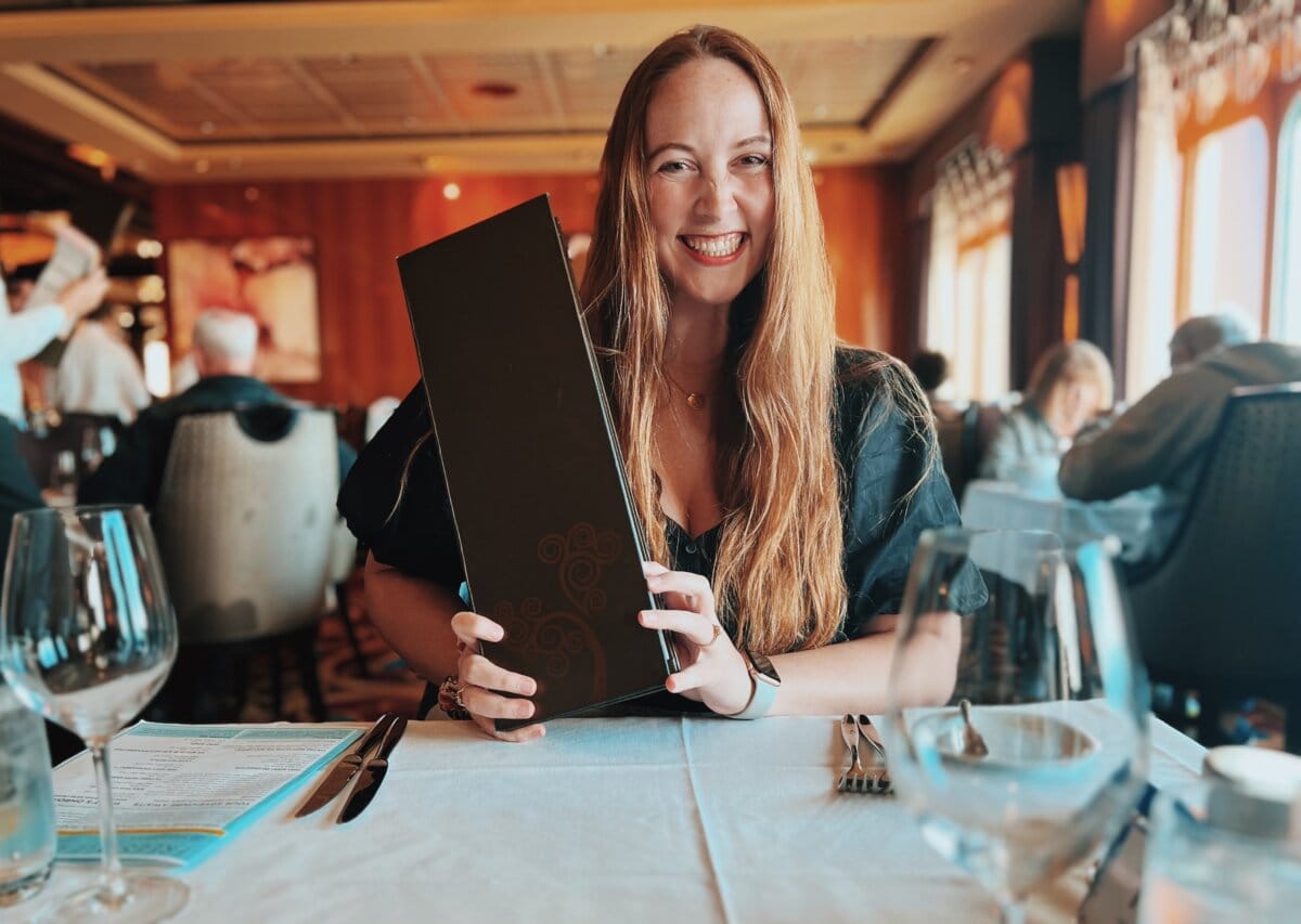 Allie Hubers enjoying a meal on a Norwegian cruise