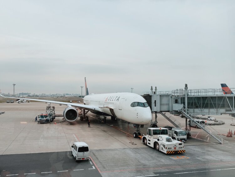 Delta airplane and a jet bridge