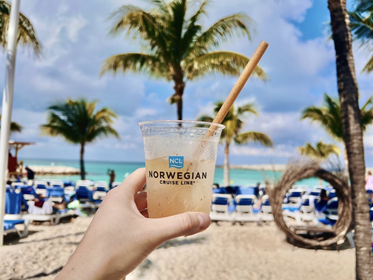 Holding a drink at Great Stirrup Cay