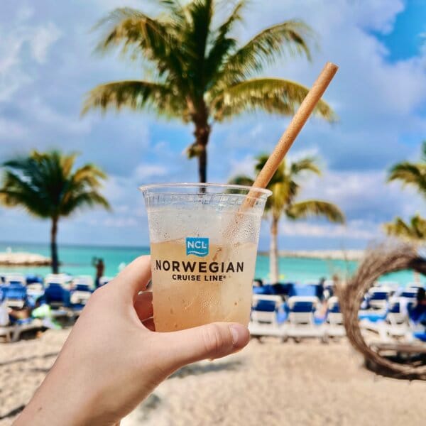 Holding a drink at Great Stirrup Cay