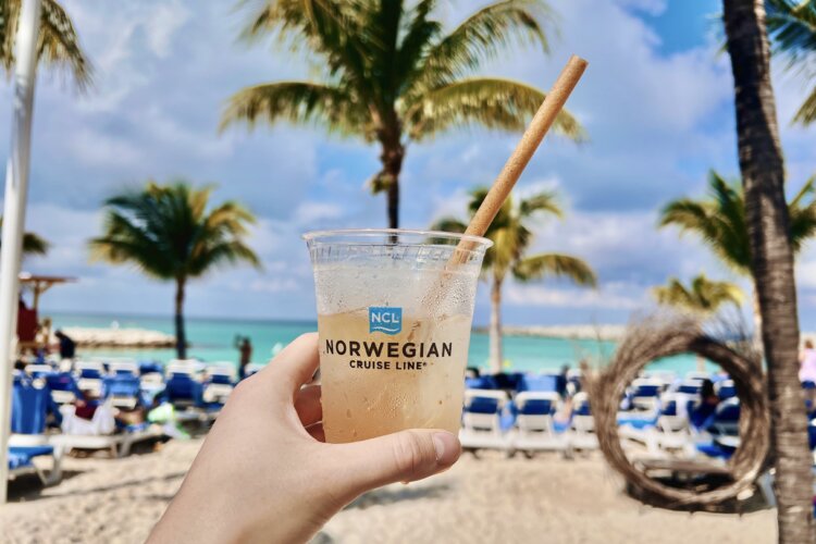 Holding a drink at Great Stirrup Cay