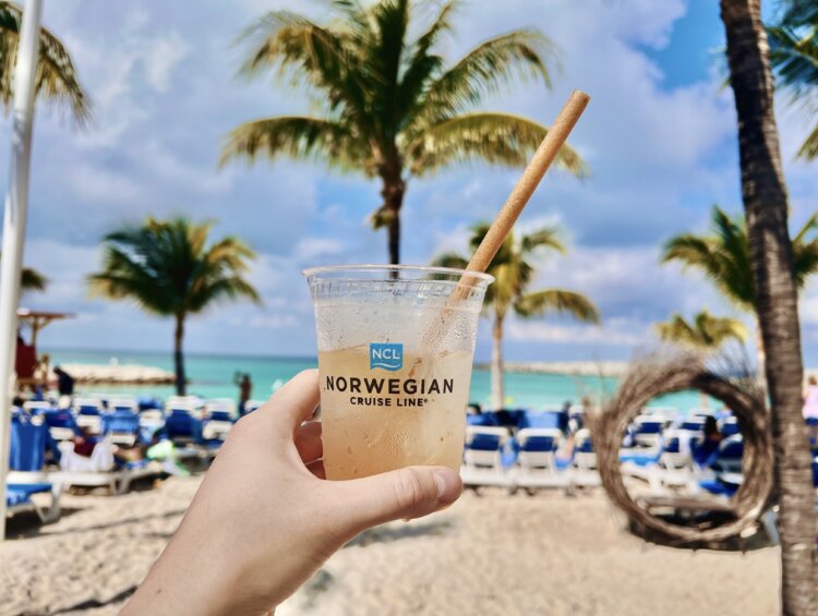 Holding a drink at Great Stirrup Cay