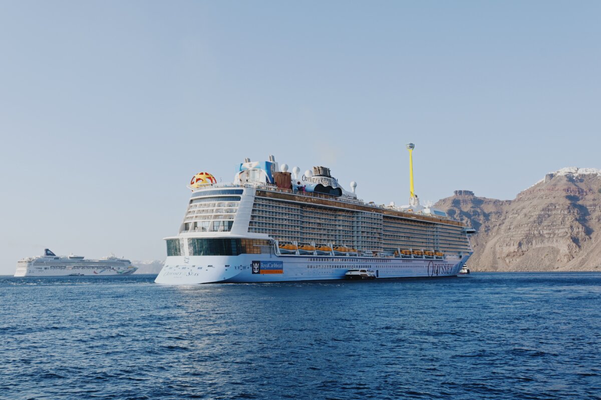 Odyssey of the Seas and NCL Dawn docked in Santorini, Greece