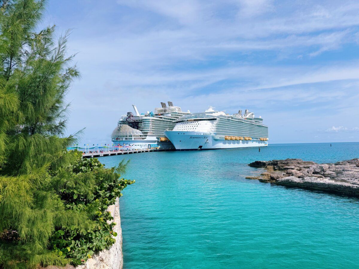 Wonder of the Seas and Symphony of the Seas docked at Royal Caribbean's Perfect Day at CocoCay