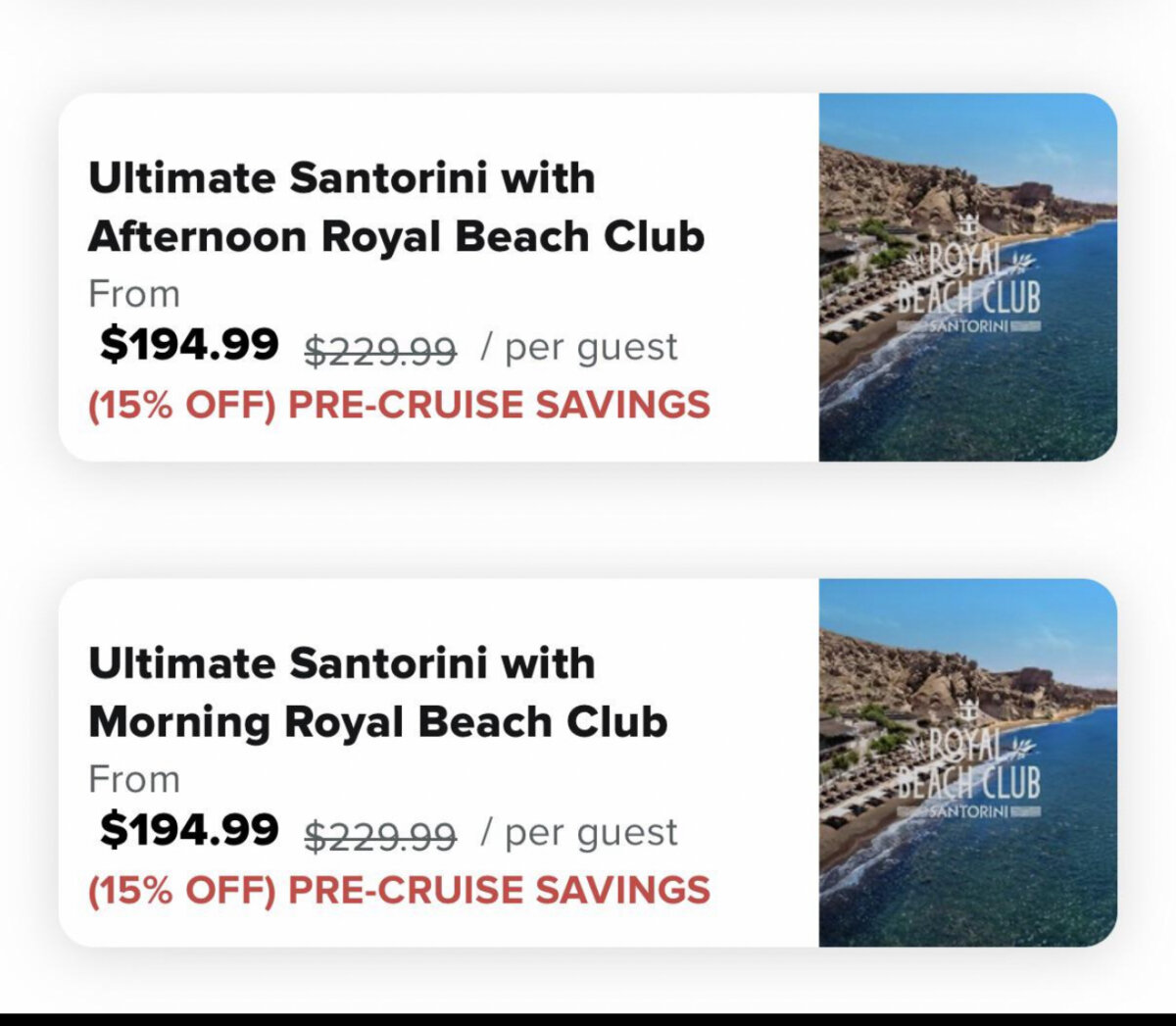 Royal Beach Club Santorini excursion price and details
