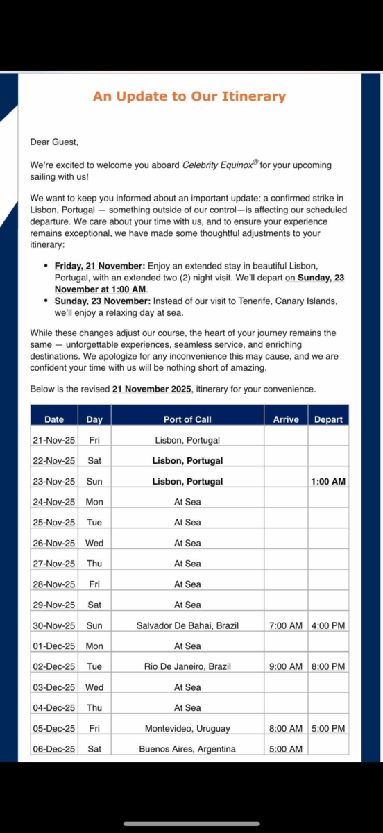 Celebrity Equinox Lisbon Port Strike Email