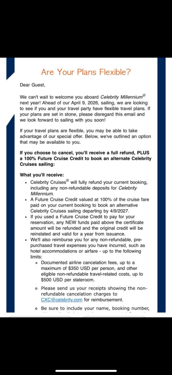 Celebrity Millennium overbooked email April 2026