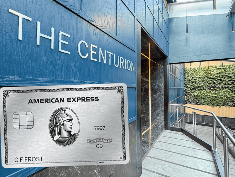 Centurion Lounge entrance with an image of the Amex Platinum card superimposed over the image