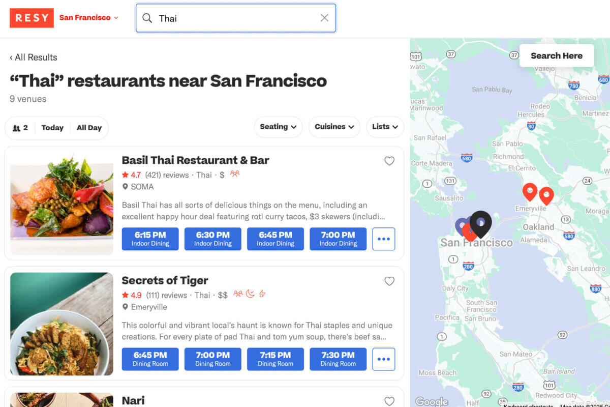 Resy search platform showing available Thai restaurants in San Francisco