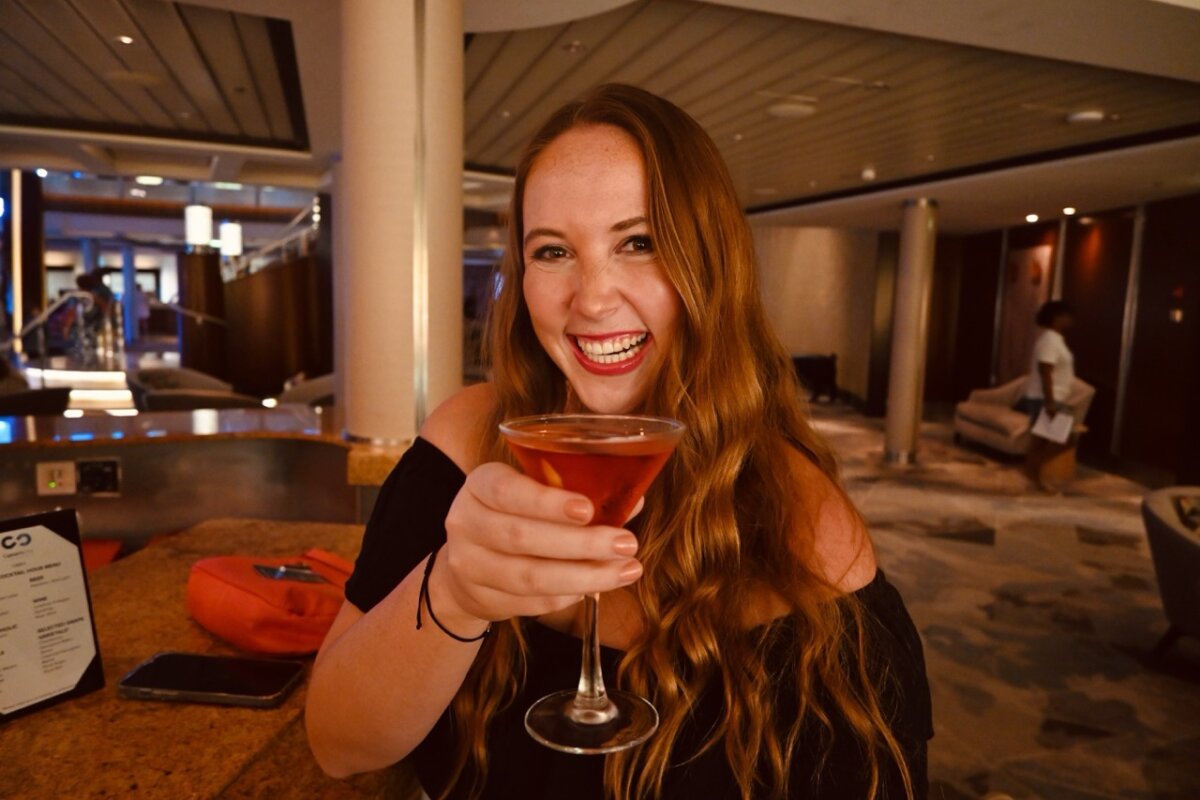 Allie Hubers with a drink on Celebrity Cruise