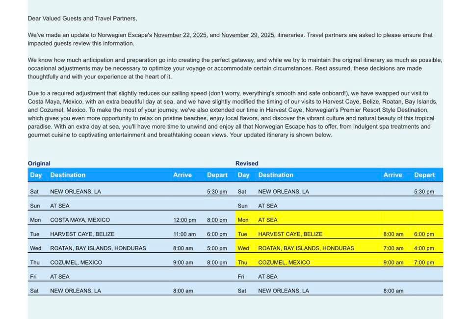 NCL Escape Itinerary Change Email