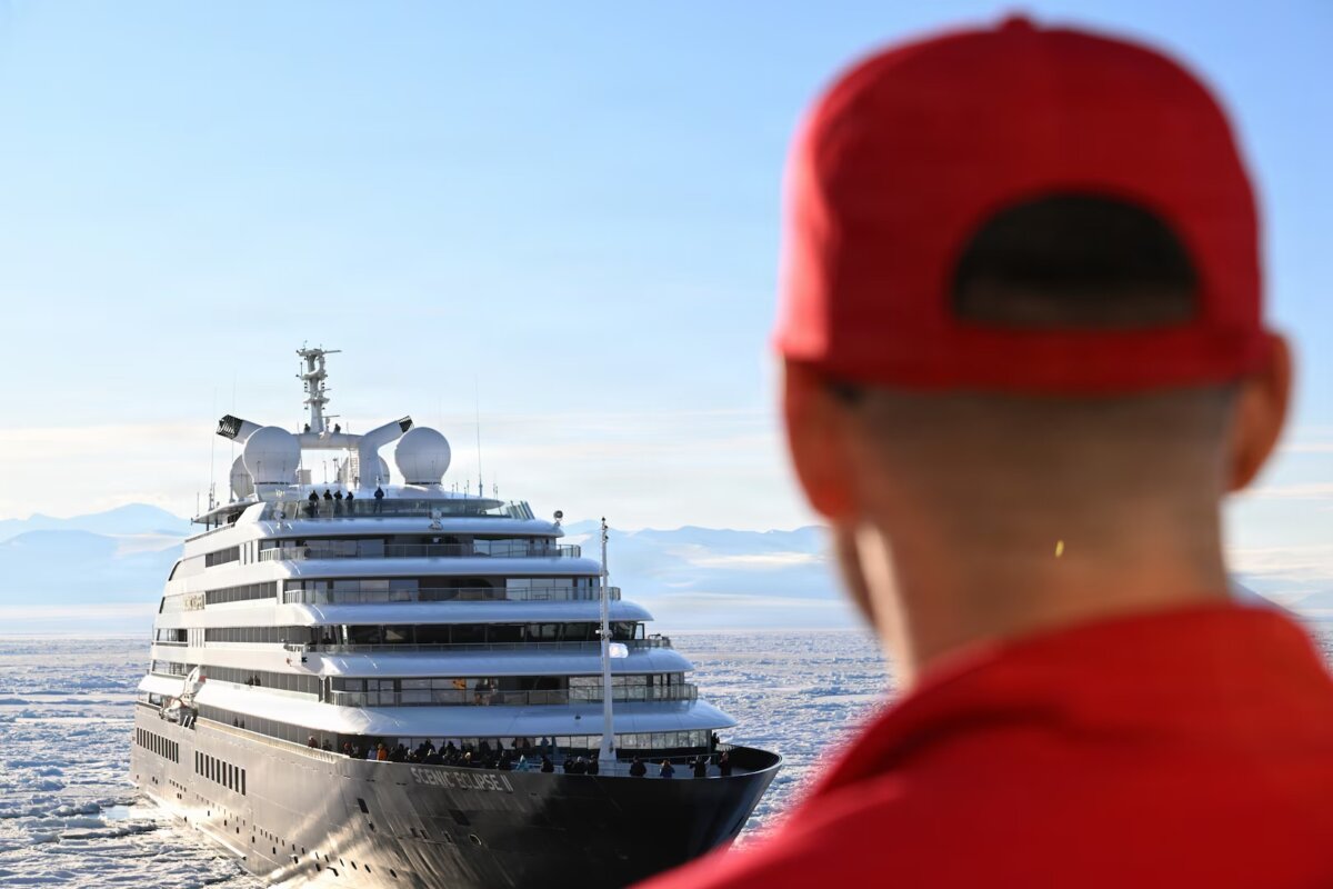 Crew member during operation to free cruise Ship Scenic Eclipse II Stuck in Antarctica Ice