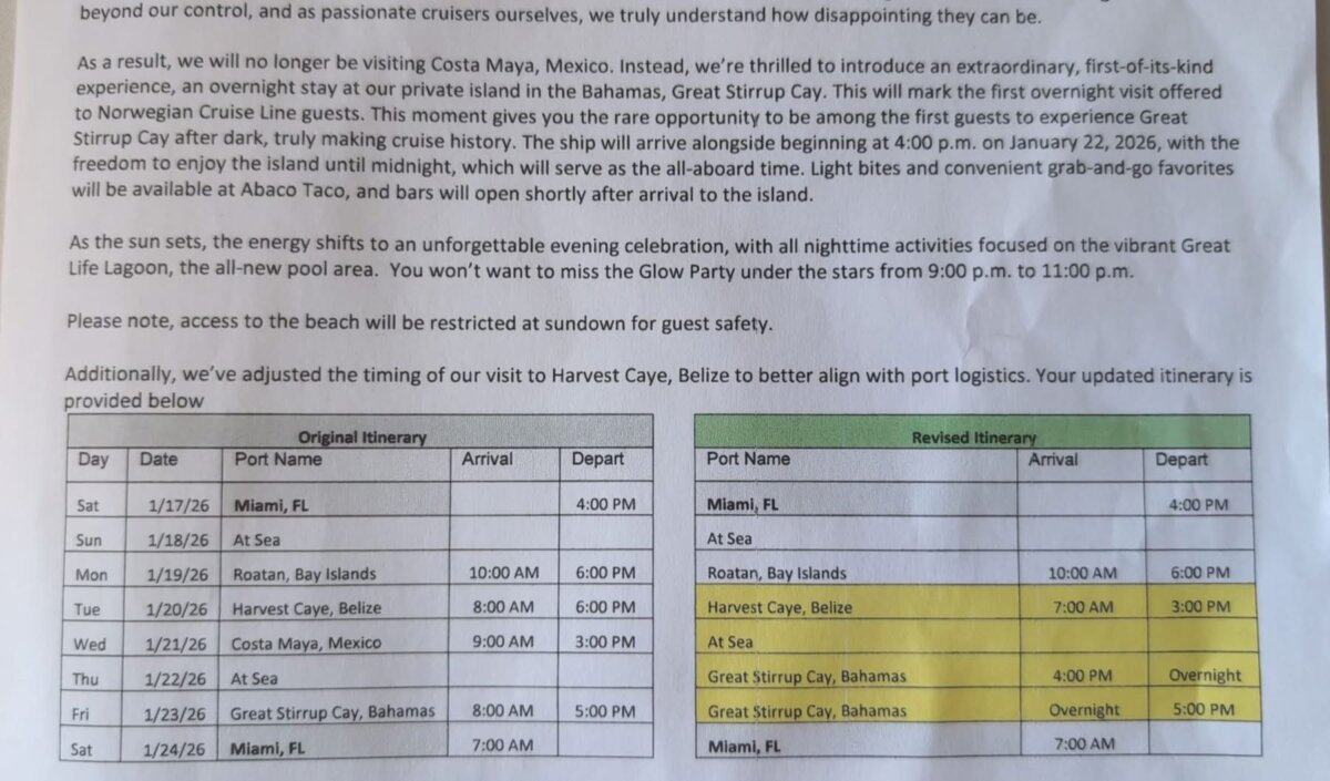 Norwegian Encore itinerary change letter