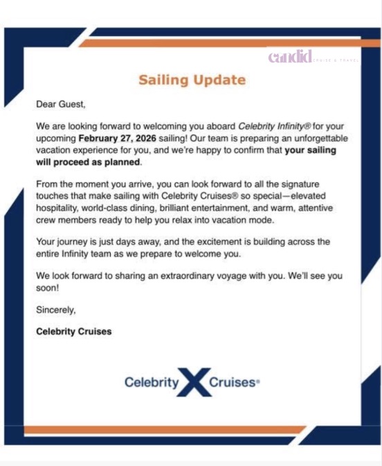 Celebrity Infinity confirmation email for Feb 27