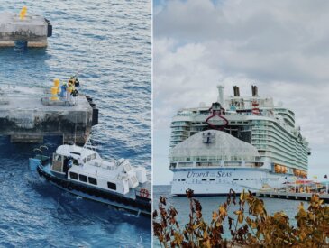 Utopia of the Seas at Cococay with damaged pier