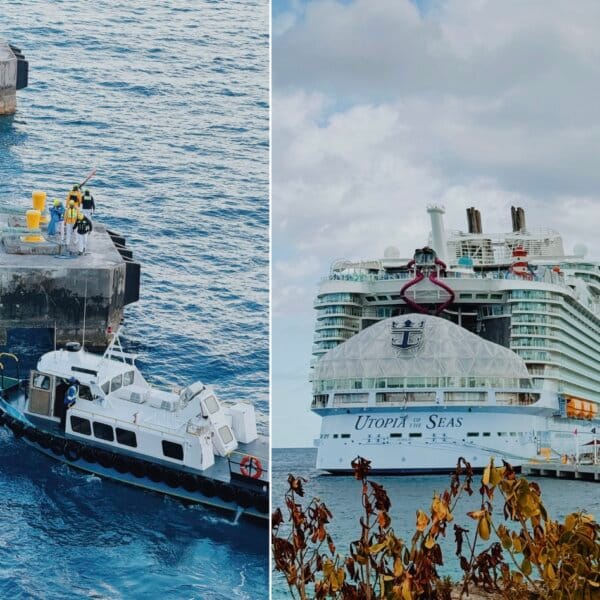 Utopia of the Seas at Cococay with damaged pier