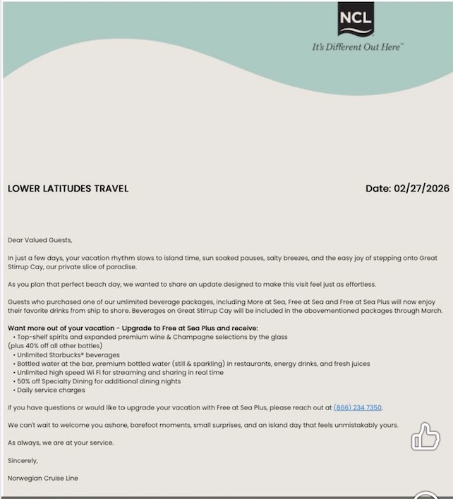 NCL Letter for Great Stirrup Cay Policy Change