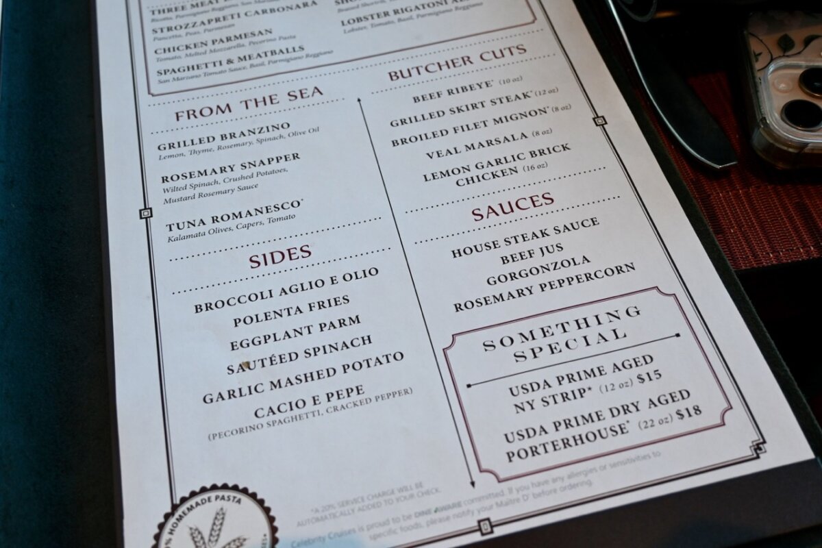 Celebrity Cruises Tuscan Grille Menu Sides
