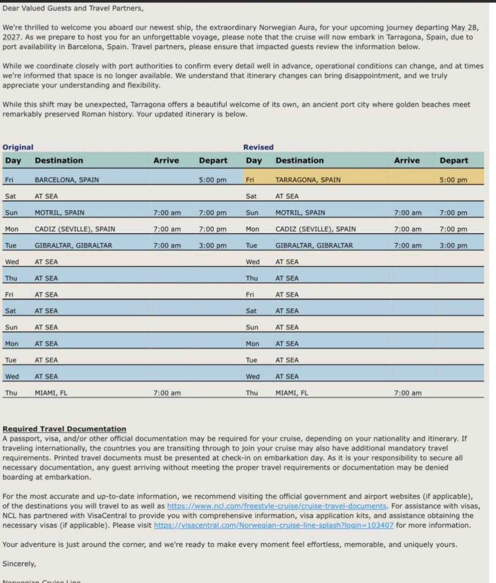 Norwegian Aura Itinerary Change
