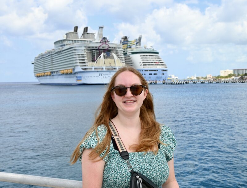 Angie Vognild in front of Harmony of the Seas in Cozumel