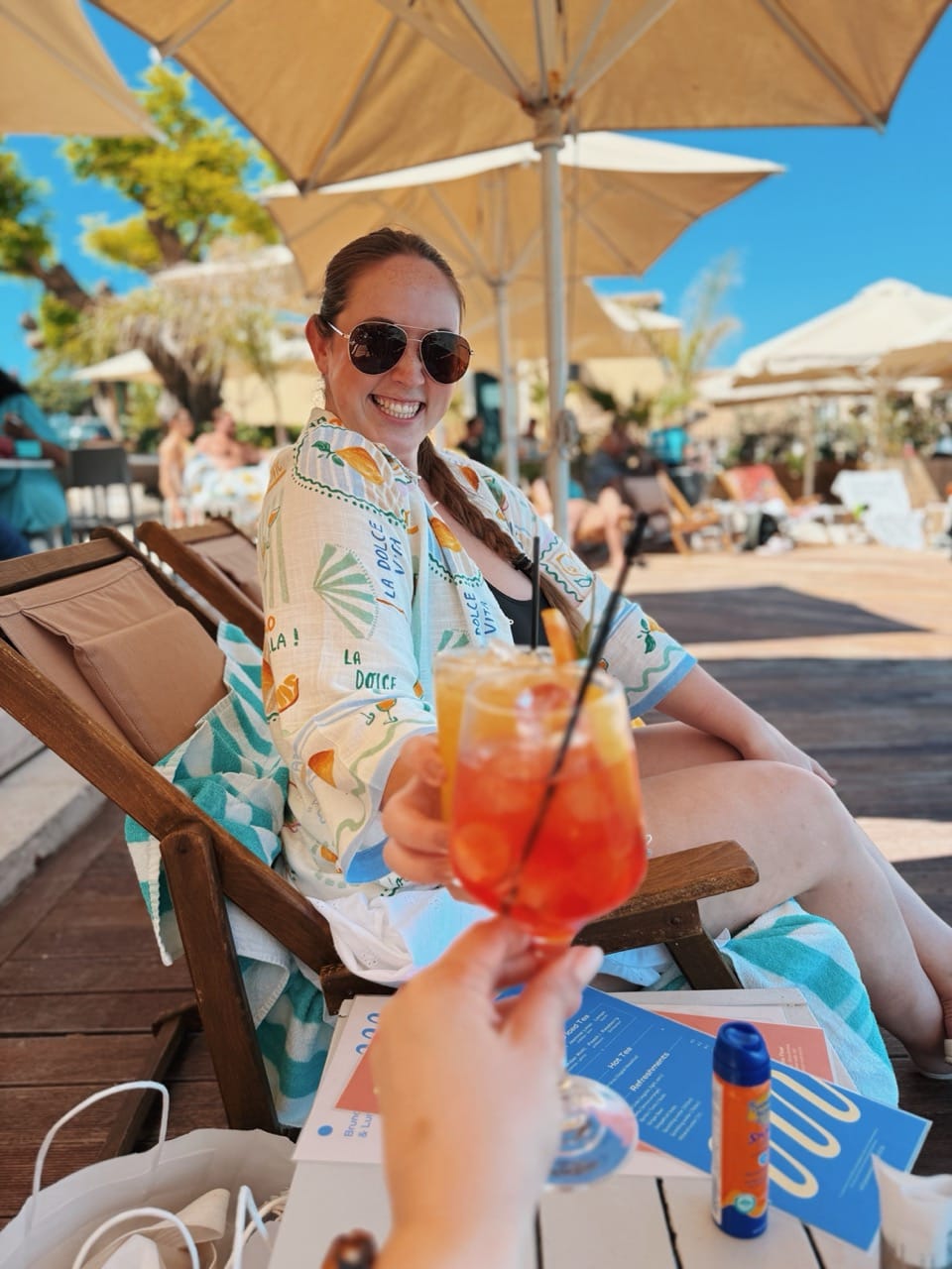 Allie Hubers at Greek Beach Club in Corfu wearing European Cruise Outfit