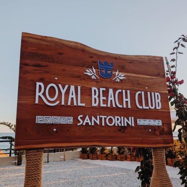 Royal Beach Club Santorini entrance sign