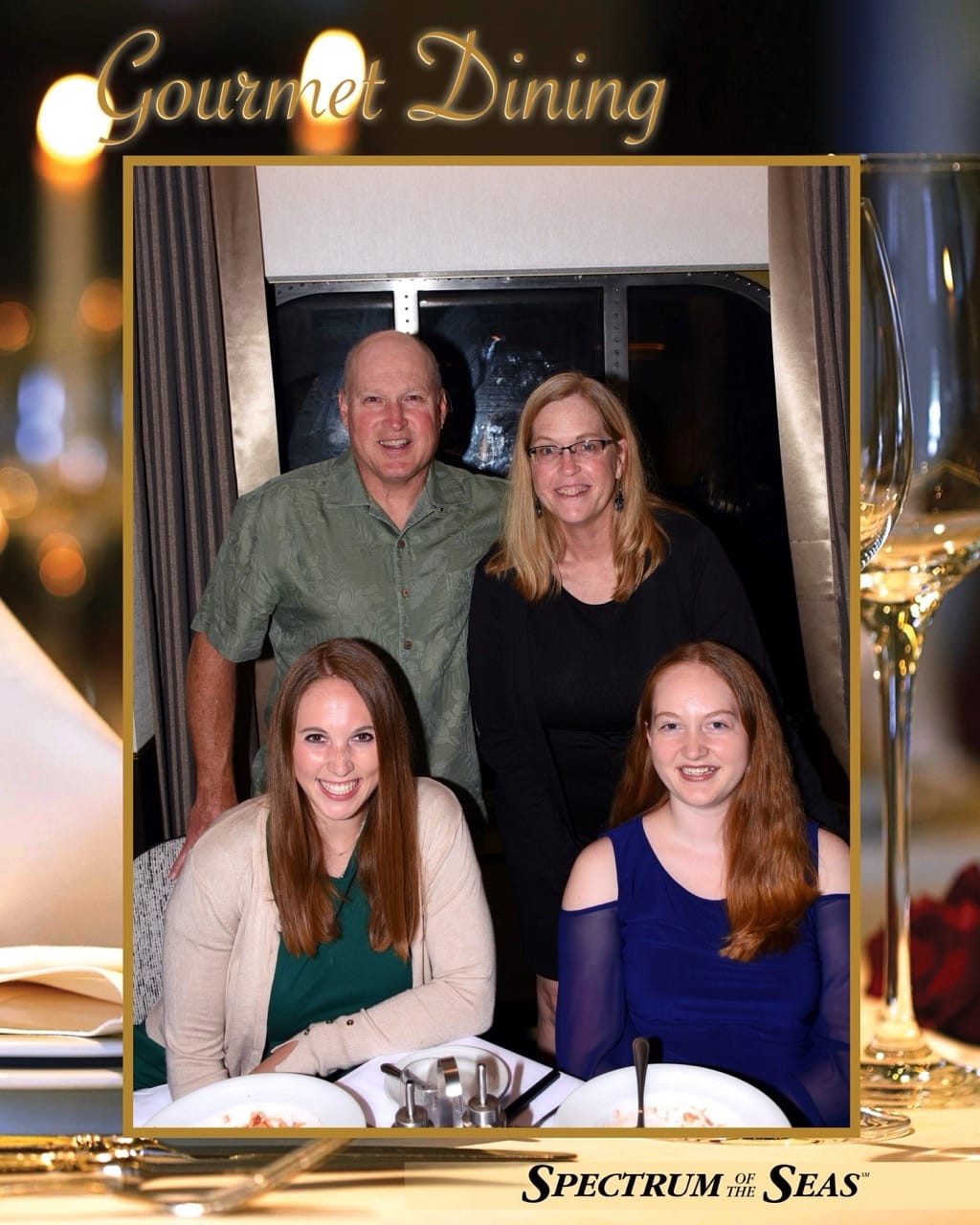 Family photo on Spectrum of the Seas during dinner in the Main Dining Room