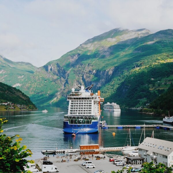 Celebrity Apex docked in Geiranger Fjord during Norway cruise