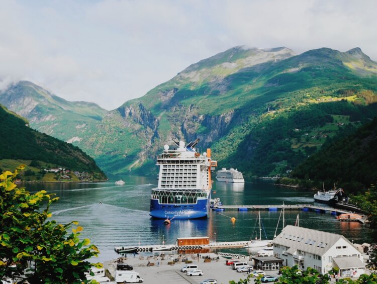 Celebrity Apex docked in Geiranger Fjord during Norway cruise