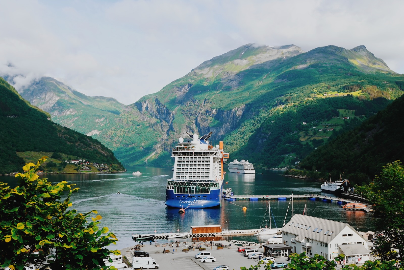 Celebrity Apex docked in Geiranger Fjord during Norway cruise