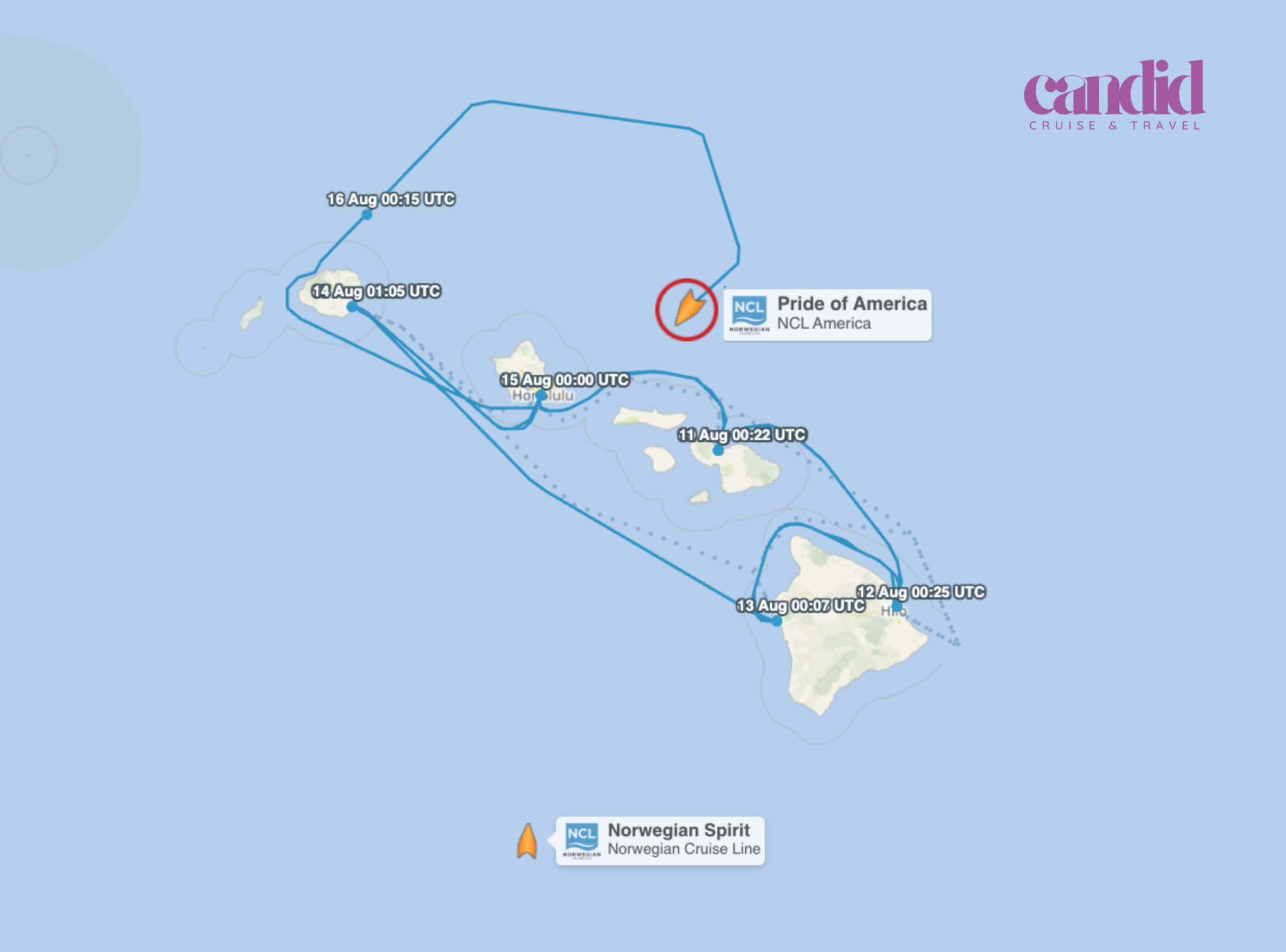 Cruisemapper showing NCL Spirit and Pride of America during LaLa Storm in Hawaii