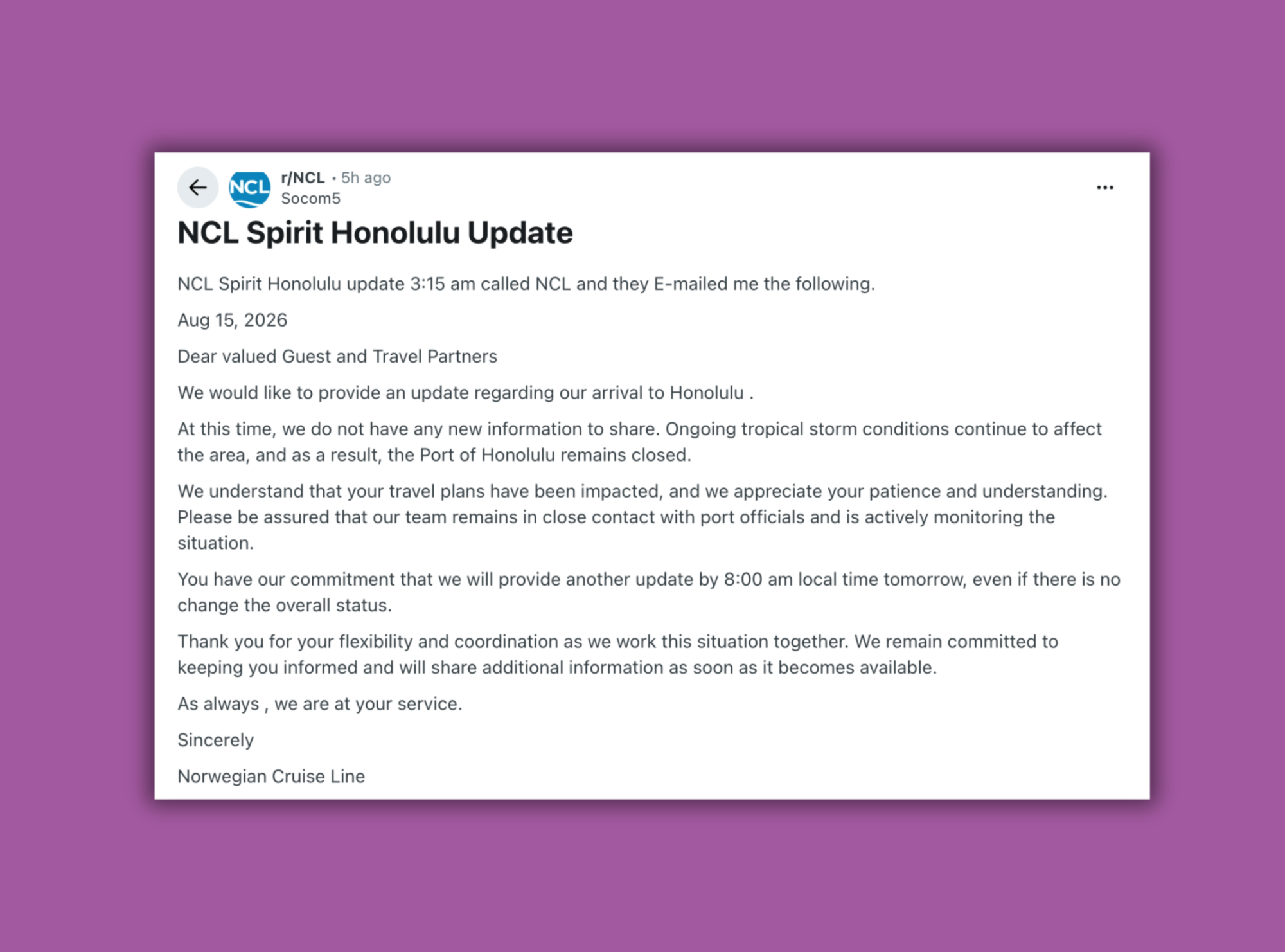 NCL frustration on Reddit regarding Hawaii communication