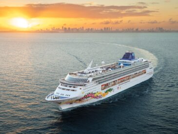 Norwegian Sky aerial with sunset